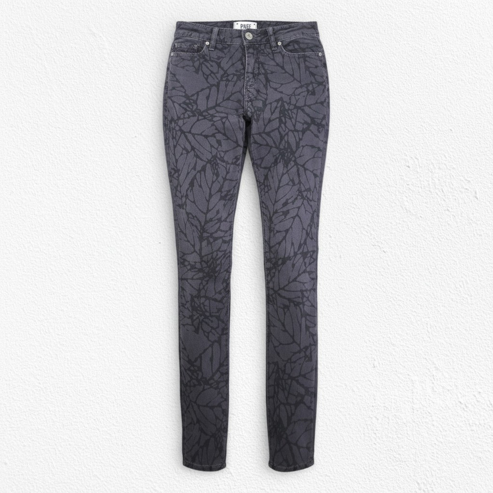 PAIGE Skyline Skinny Jeans Gray Black Leaf Print Mid Rise Stretch Jeans Size 29